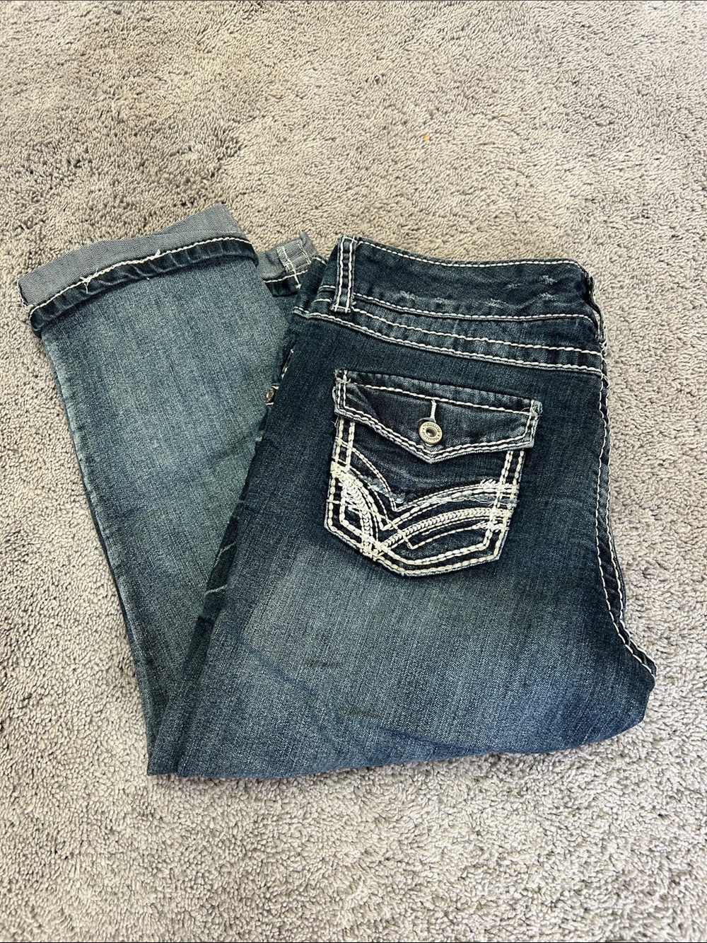 Maurices Dark Blue Cropped Jeans with Embroidered Back Pocket